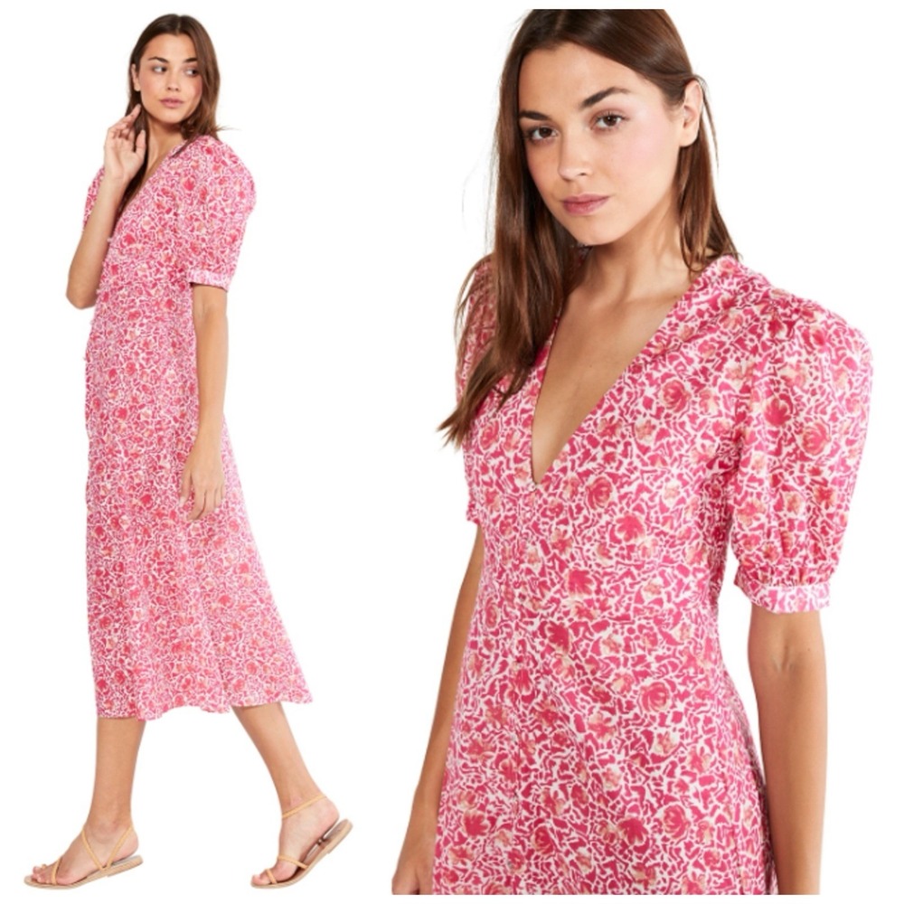 MISA Los Angeles Pink Floral Button Front Midi Dress Puff Sleeve L Made‎ In USA